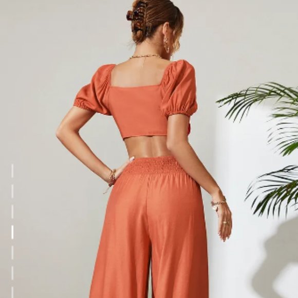 Women's Solid Color Tie Front Crop Top With Matching Wide Let Pants Set - Picture 4 of 5